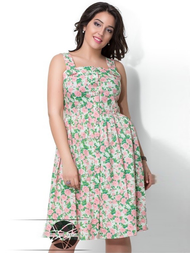 Платье без рукавов с юбкой солнце 10234 белый фон/принт розовые цветы