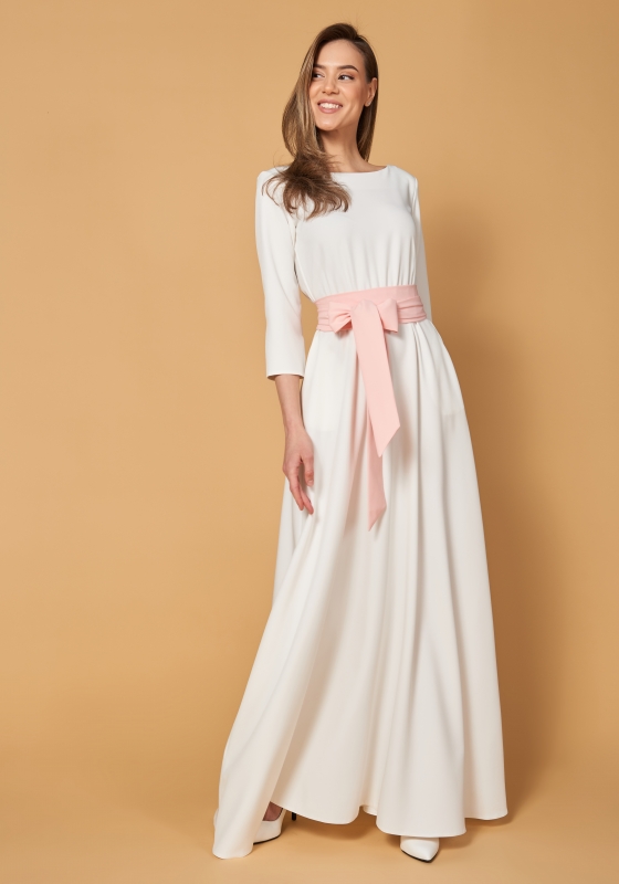 Платье в пол с поясом и длинным рукавом 5208, молочное - Платье в пол с поясом и длинным рукавом 5208, молочное