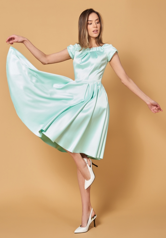 Коктейльное платье из атласа с карманами, мята - Коктейльное платье из атласа с карманами, мята