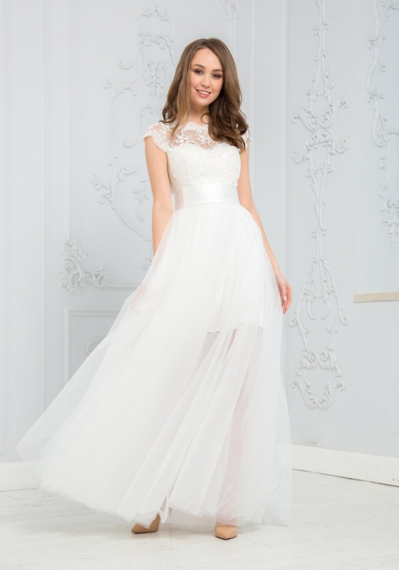 Белое платье с двухслойной юбкой разной длины, ZEK003B - Белое платье с двухслойной юбкой разной длины, ZEK003B