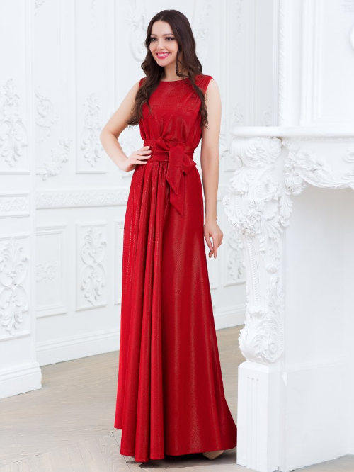 Длинное платье с поясом юбкой в складку Eva 5214 красное 