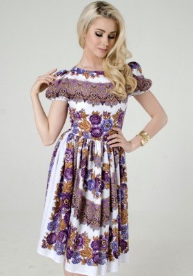 Платье с облегающим лифом и юбкой солнце  Valensia Atelier VA_009 бело-фиолетовое