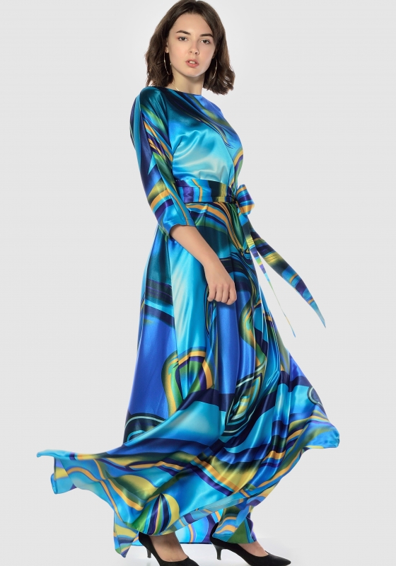 Легкое атласное платье в пол, синее/мультиколор - Легкое атласное платье в пол, синее/мультиколор