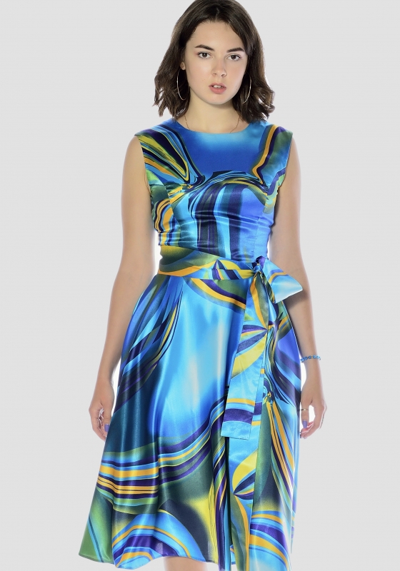 Легкое атласное платье миди, синее/мультиколор - Легкое атласное платье миди, синее/мультиколор