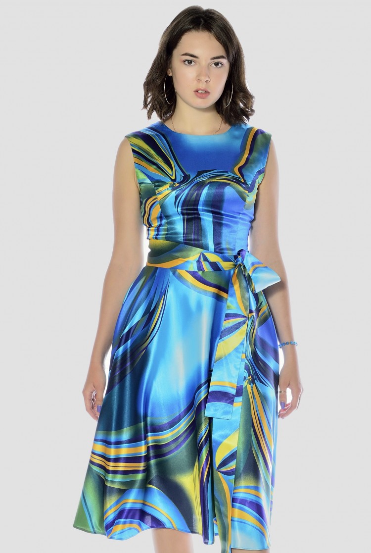 Легкое атласное платье миди, синее/мультиколор