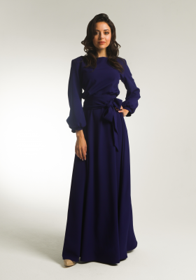 Платье в пол с рукавом фонарик Агния, синее
