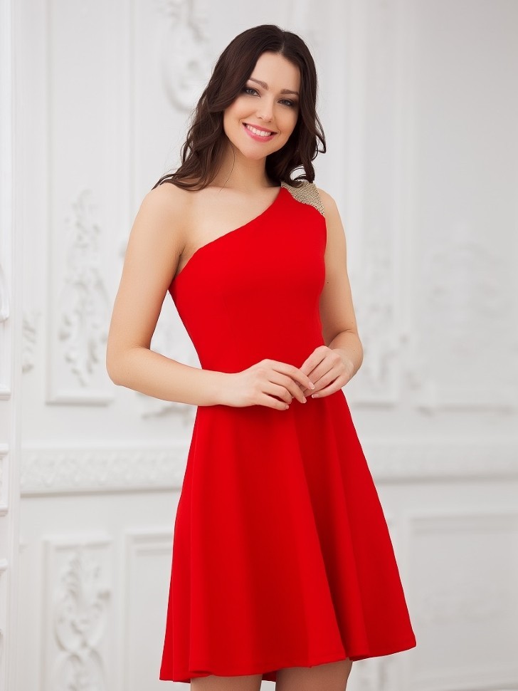 Платье на одно плечо с юбкой солнце Eva 5217 красное 