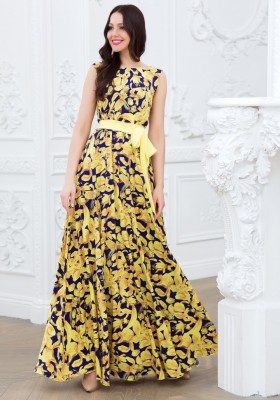 Длинное платье с поясом без рукавов  Eva 5228 жёлтое 