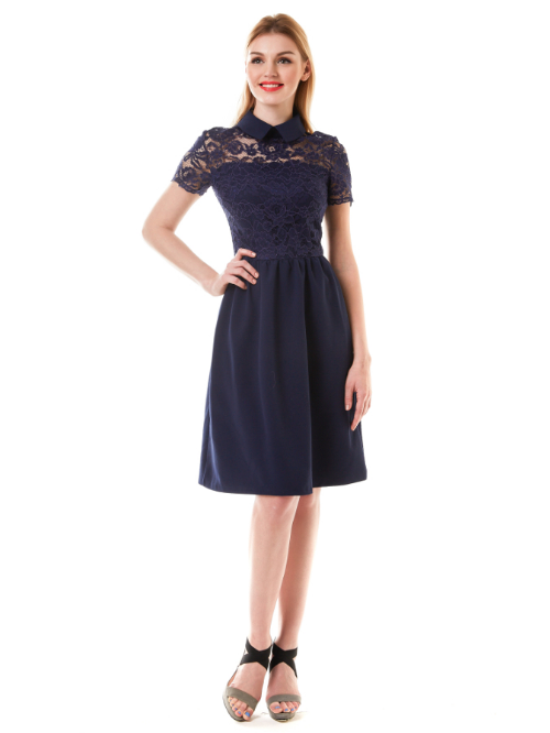 Платье с кружевом и воротником  Dress 618 синее  - Платье с кружевом и воротником  Dress 618 синее 