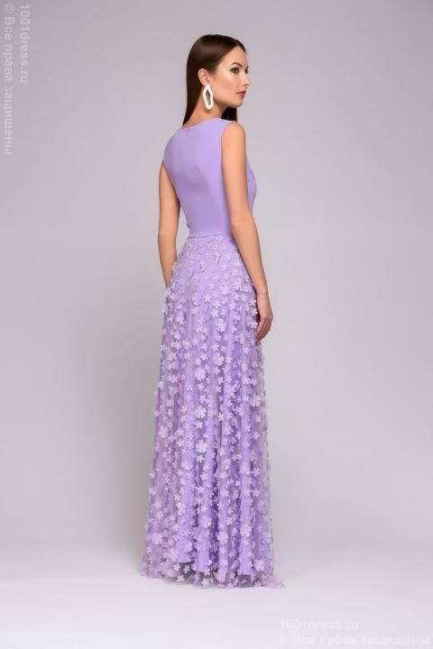 Платье лиловое длины макси с объемными цветами на юбке - Платье лиловое длины макси с объемными цветами на юбке